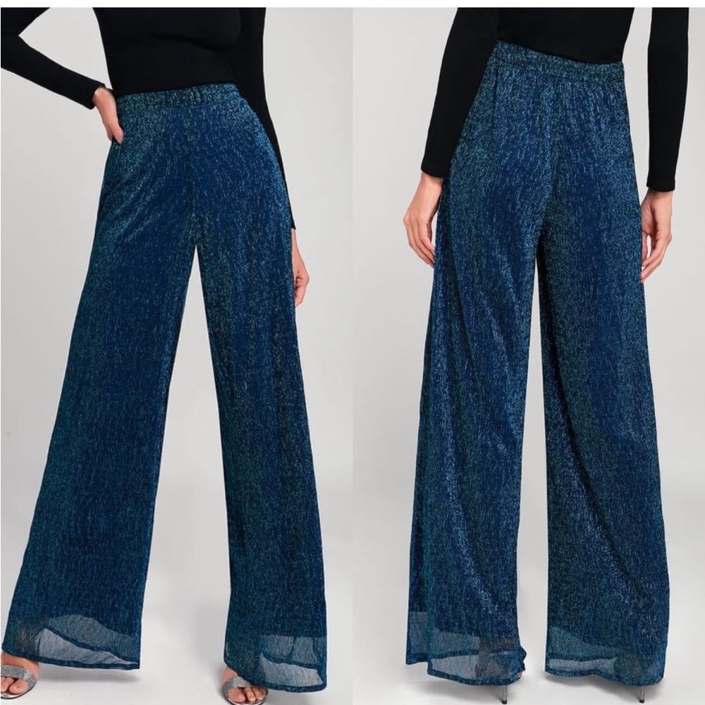 Lulus | Magnificence Blue Metallic Wide-Leg Pants